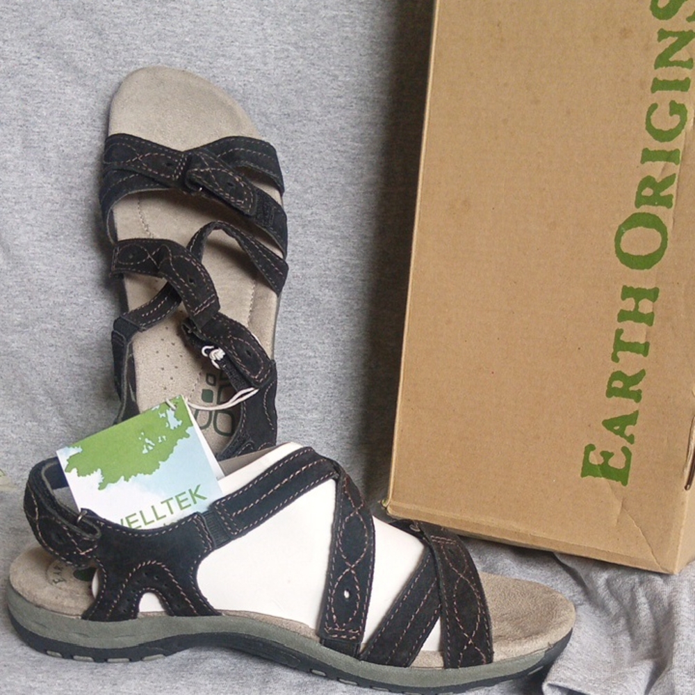 Earth Origins "SHANE" Black & Cream Leather Strappy Comfort Sandal Size 10 Wide